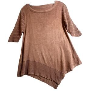 Poetry 100% Linen Top Assemetrical Hem Short Sleeve Camel Sz US 8 Lagenlook Tan